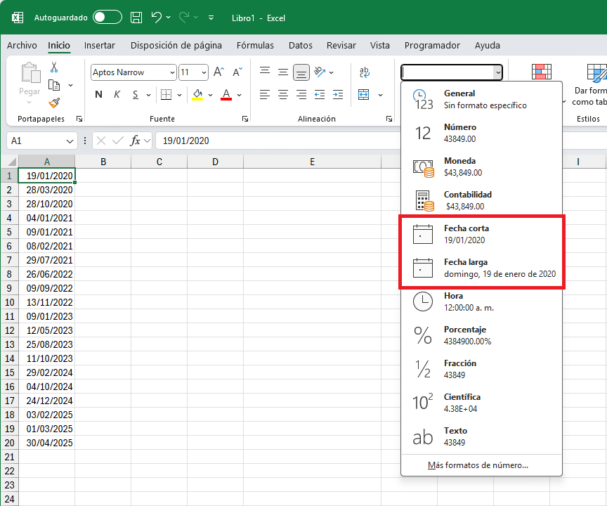 Formato fecha corta y fecha larga en Excel