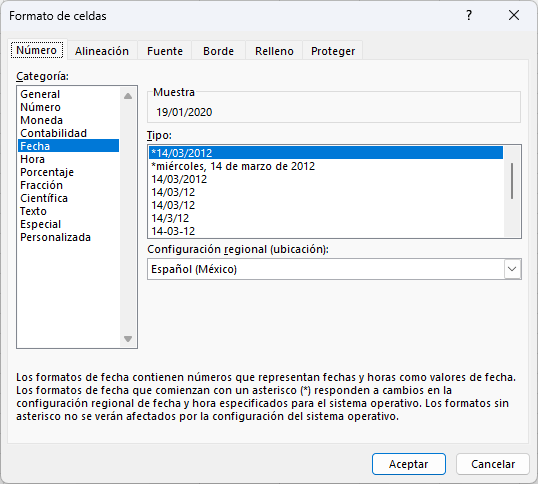 Cuadro de diálogo Formato de celdas para Fechas en Excel
