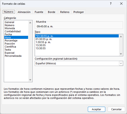 Cuadro de diálogo Formato de celdas para formatos de Hora en Excel