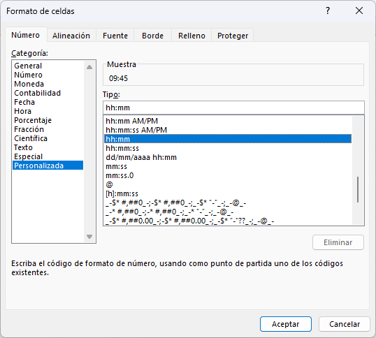 Formato de celdas personalizada para horas en Excel
