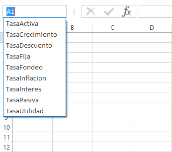 Listado de nombres en el cuadro de nombres de Excel