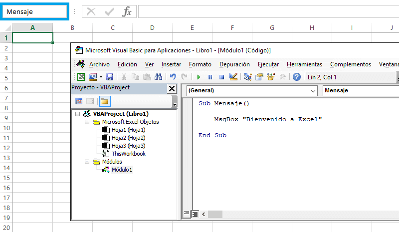 El cuadro de nombres abre el Editor de Visual Basic para mostrar el código de una macro