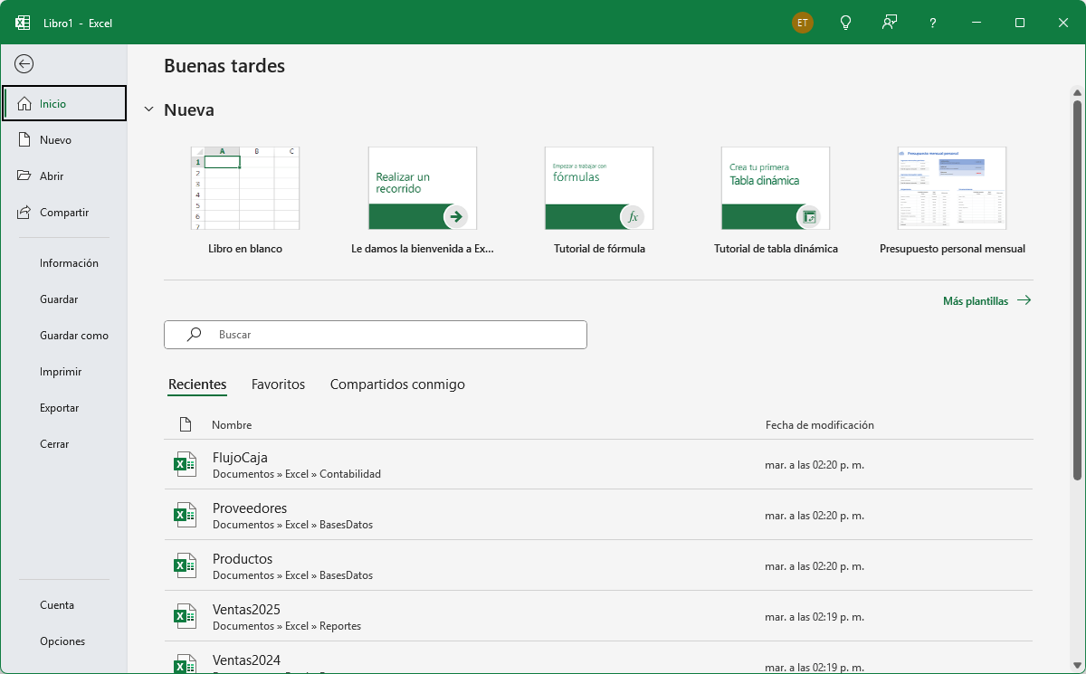 Lista de libros recientes en la pantalla de Inicio de Excel