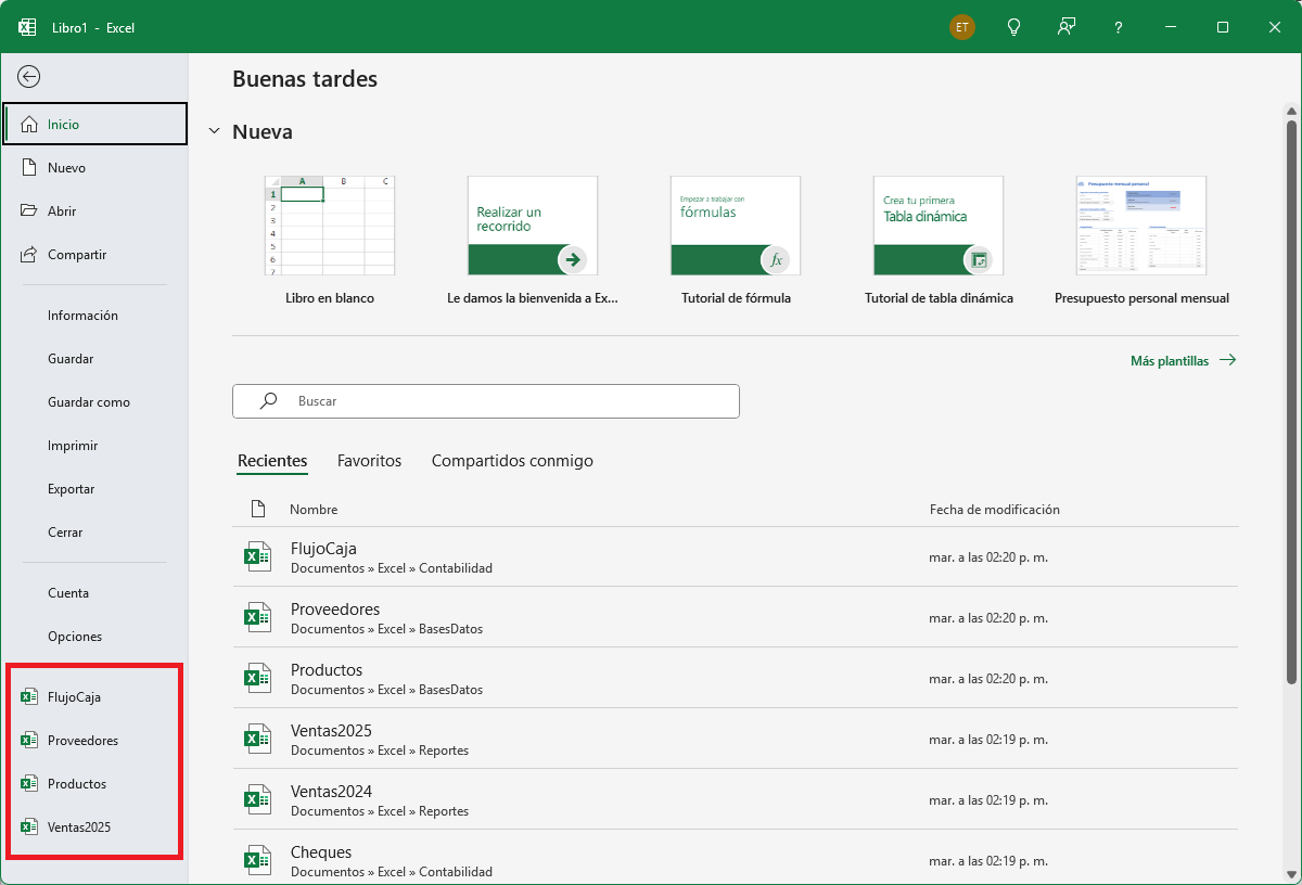 Accesos directos agregados al panel izquierdo de la vista Backstage