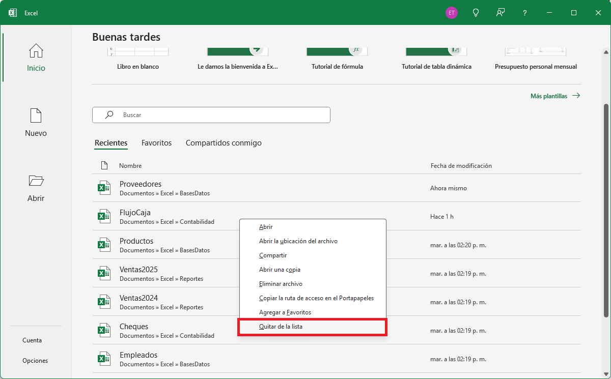 Quitar un archivo de la lista de Libros recientes en Excel