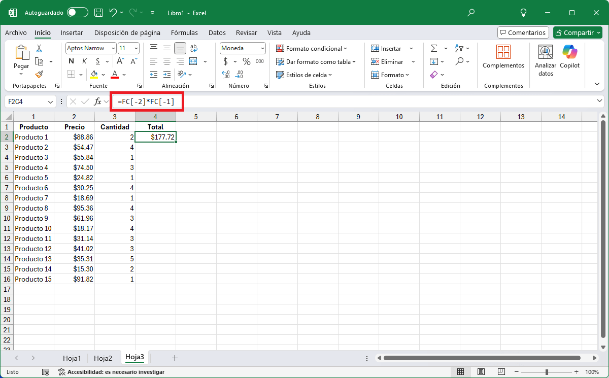 Fórmula de Excel con referencias R1C1