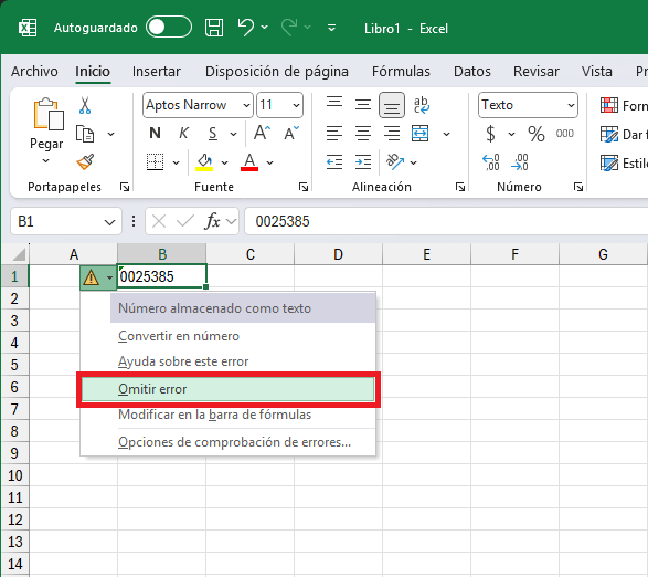 Omitir error al almacenar un número como texto en Excel