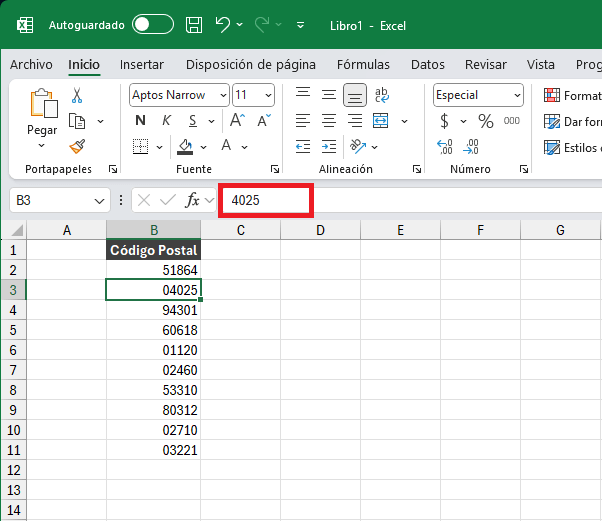 Código postal con ceros a la izquierd aen Excel