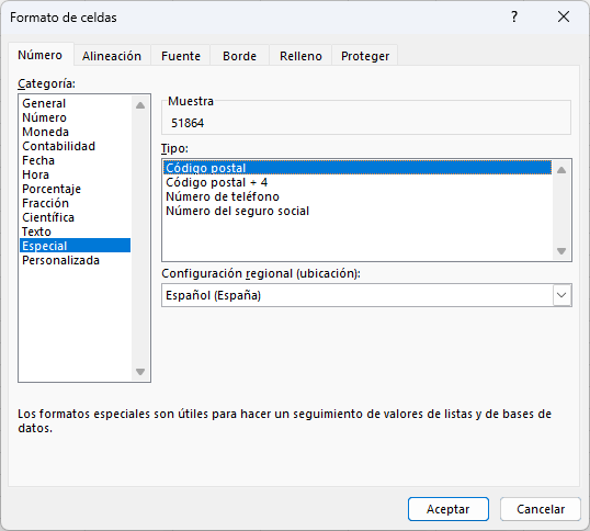 Categoría Especial de Formatos de celda en Excel