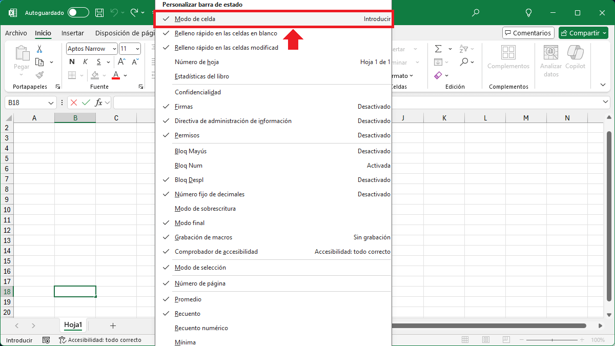 Activar el Modo de celda en la Barra de estado de Excel
