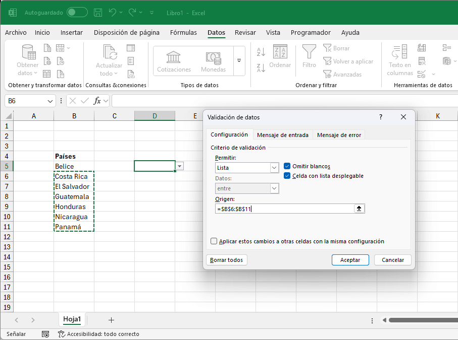 Lista de validación y los modos de celda en Excel