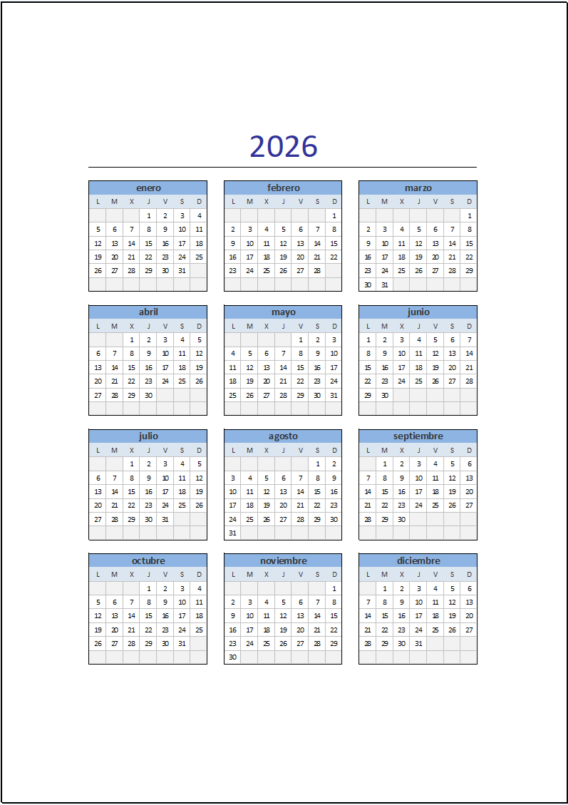 Calendario 2026 en Excel