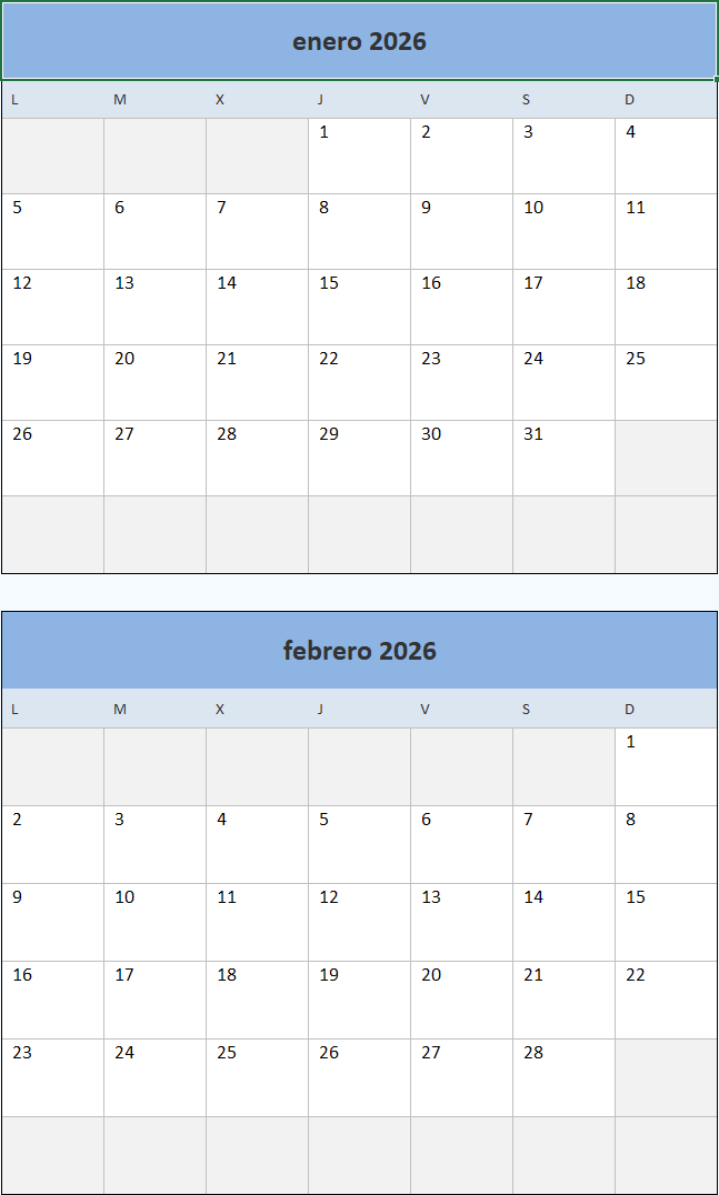 Calendario mensual del 2026 en Excel