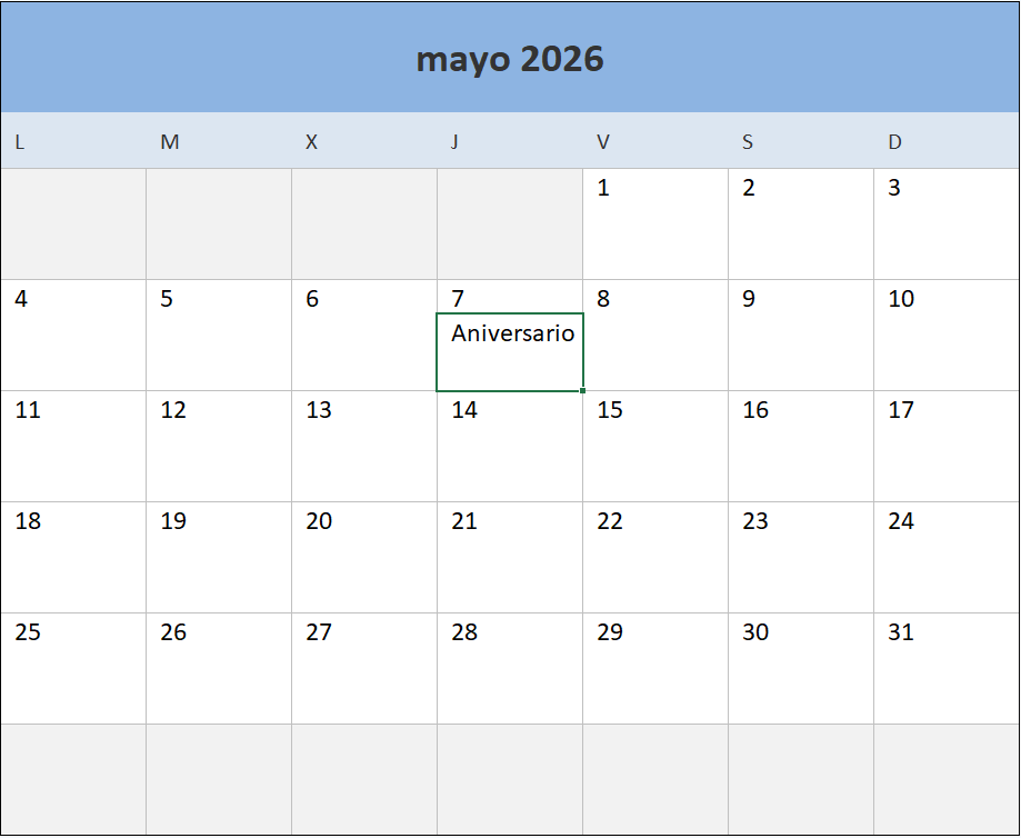 Calendario mensual en Excel listo para imprimir
