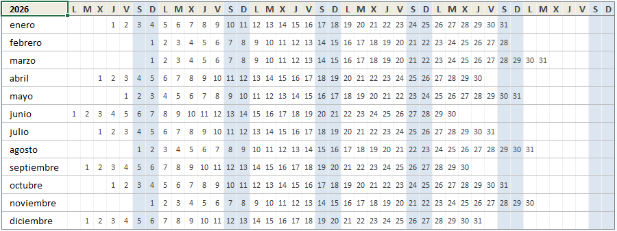 Calendario miniatura 2026 en Excel