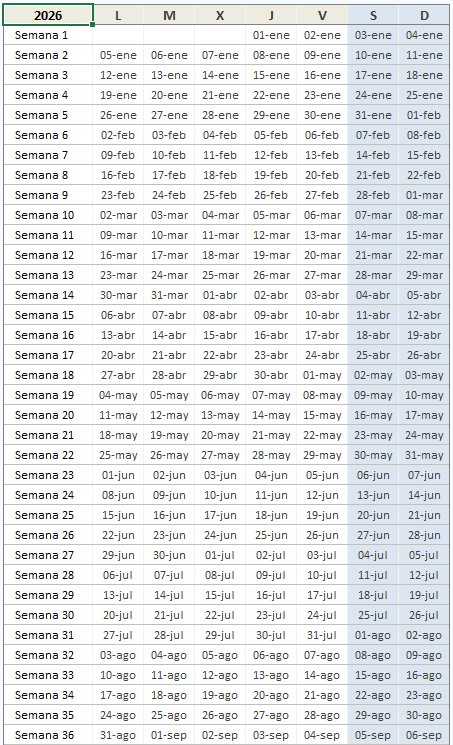 Calendario semanal del 2026 en Excel