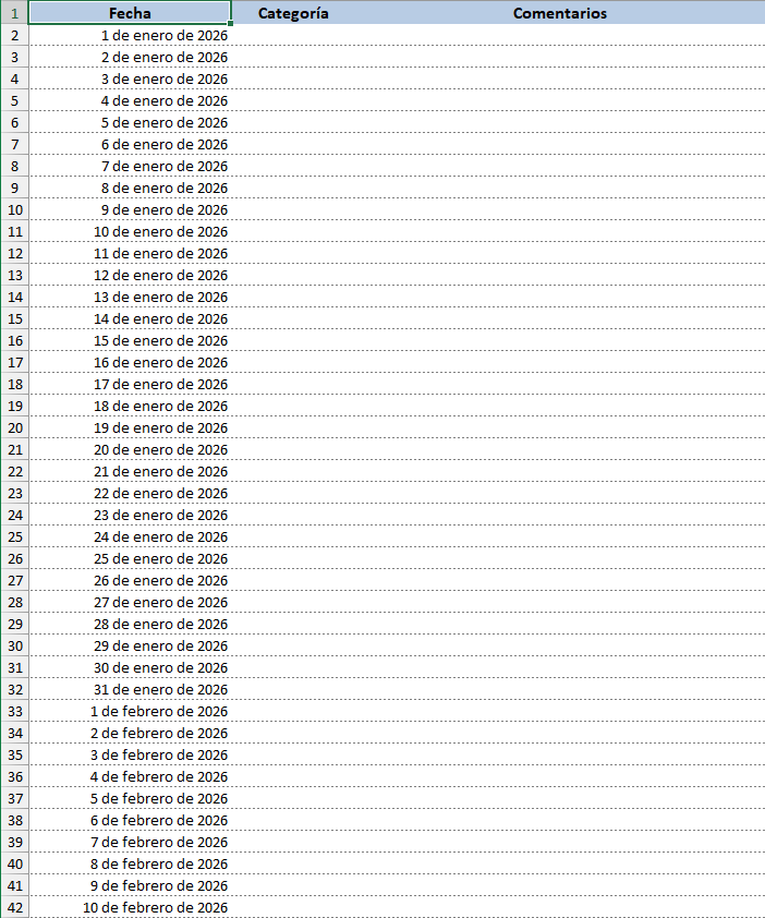 Plantilla del calendario 2026 en Excel