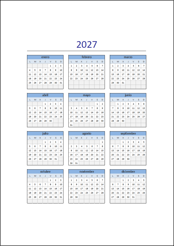 Calendario 2027 en Excel