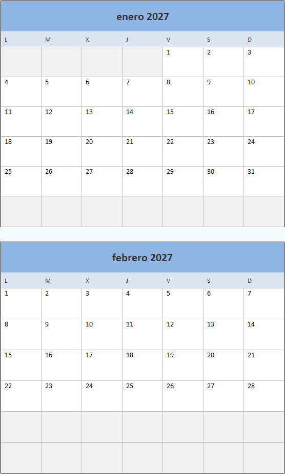 Calendario 2027 Mensual en Excel