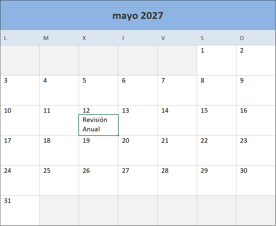 Calendario 2027 en Excel listo para imprimir
