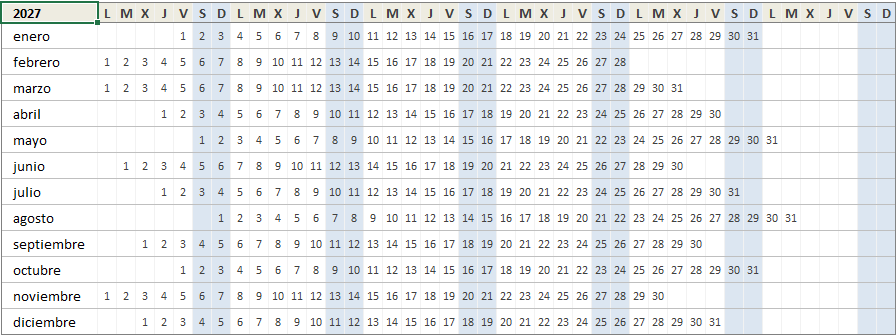 Calendario 2027 en miniatura