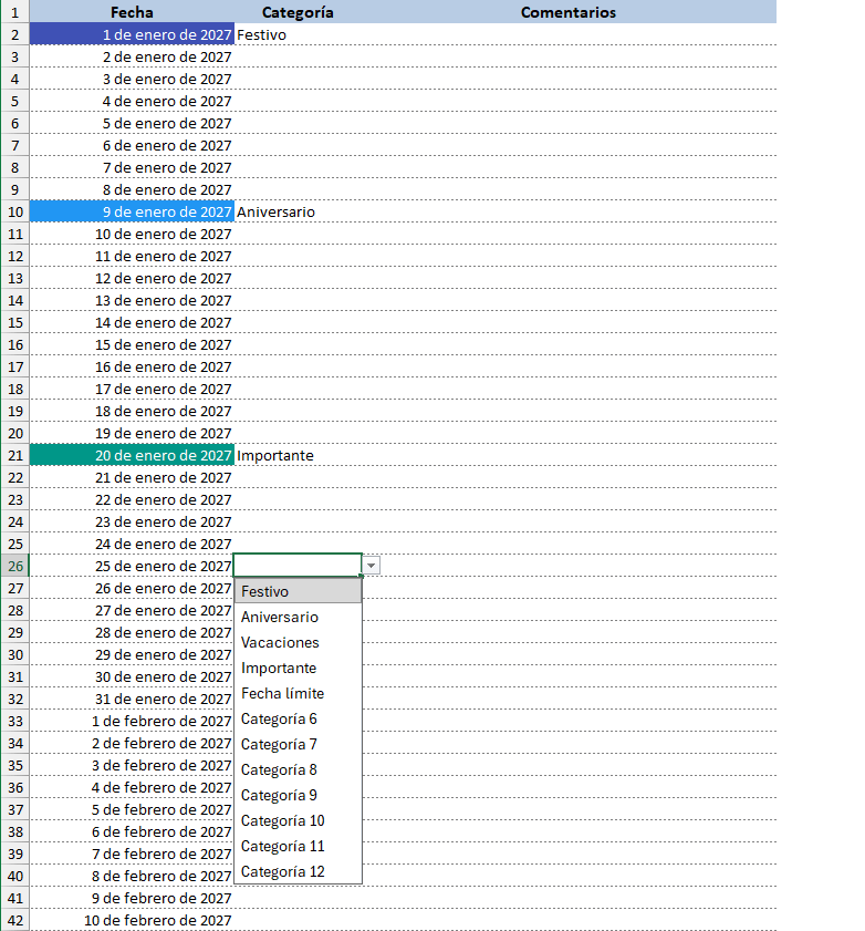 Cómo resaltar dias en el calendario 2027 de Excel Total
