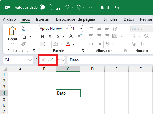 Los botones Introducir y Cancelar en Excel