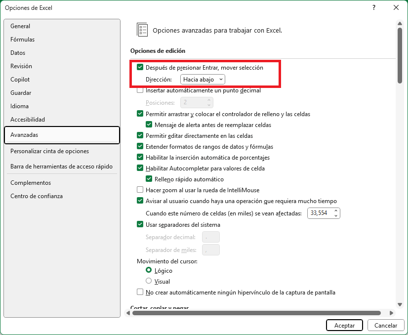 Cambiar la configuración de selección de celda después de pulsar Enter