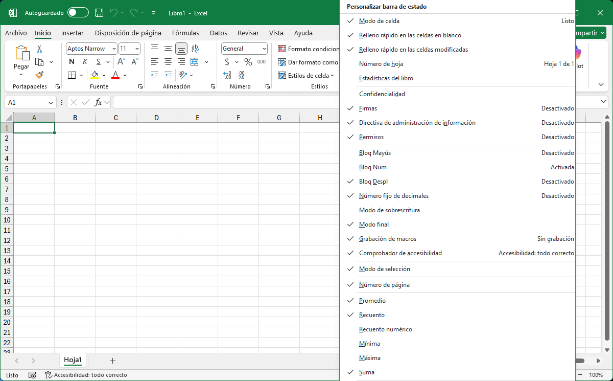 Personalizar la barra de estado de Excel