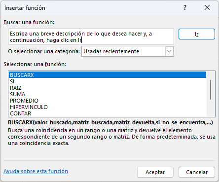 Cuadro de diálogo Insertar función