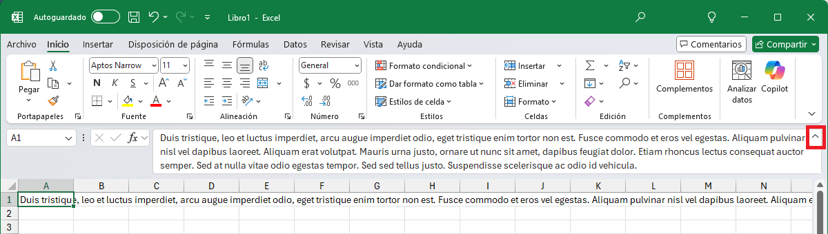 Barra de fórmulas expandida mostrando tres lineas de texto
