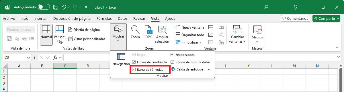 Cómo ocultar o mostrar la barra de fórmulas en Excel