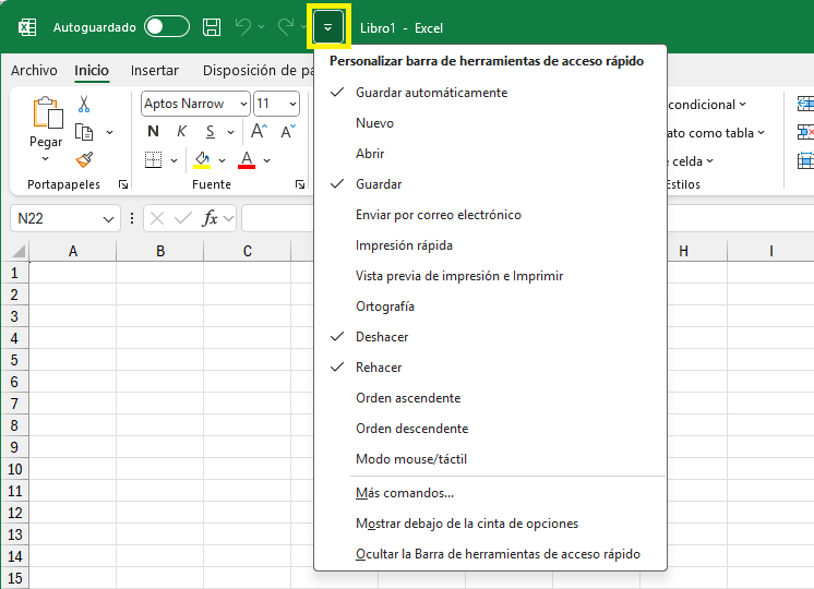 Menú desplegable de la barra de herramientas de acceso rápido en Excel