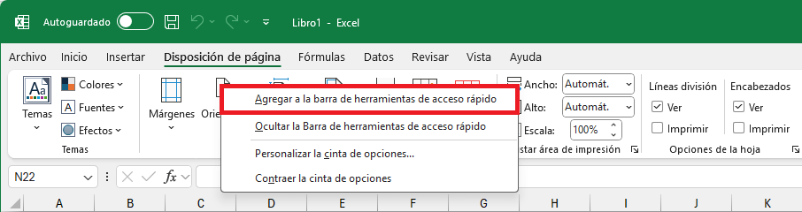 Agregar comandos a la barra de herramientas de acceso rápido desde la cinta de opciones