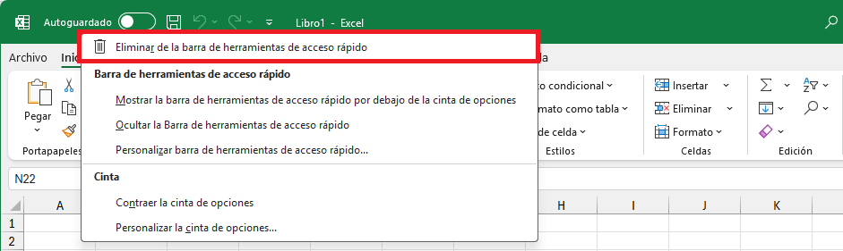 Eliminar comandos de la barra de herramientas de acceso rápido en Excel