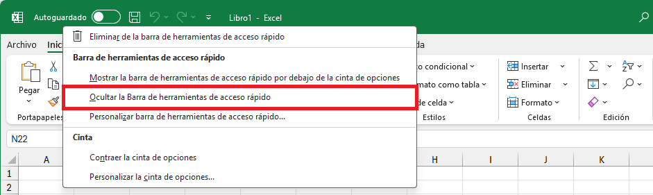 Ocultar la barra de herramientas de acceso rápido en Excel