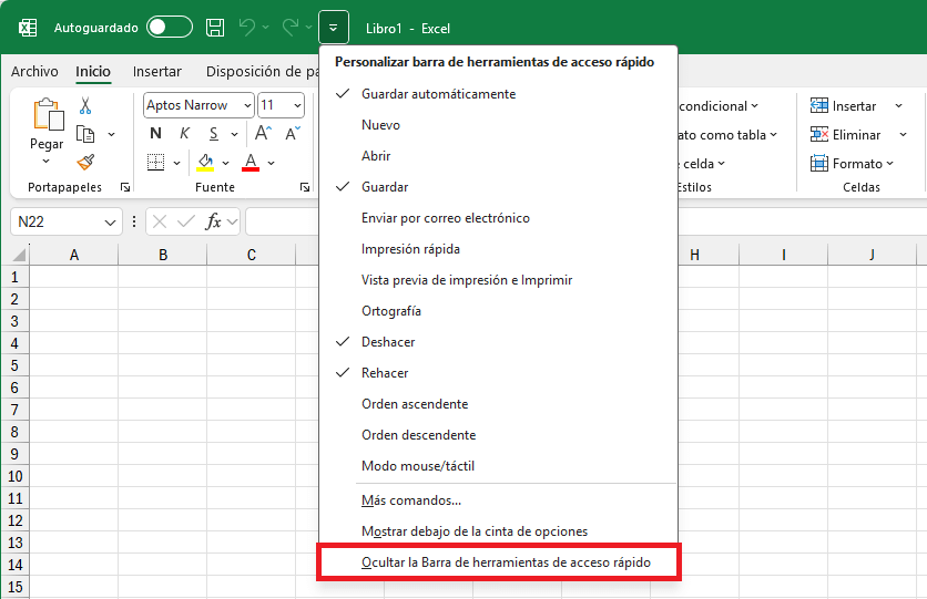 Cómo ocultar la barra de herramientas en Excel