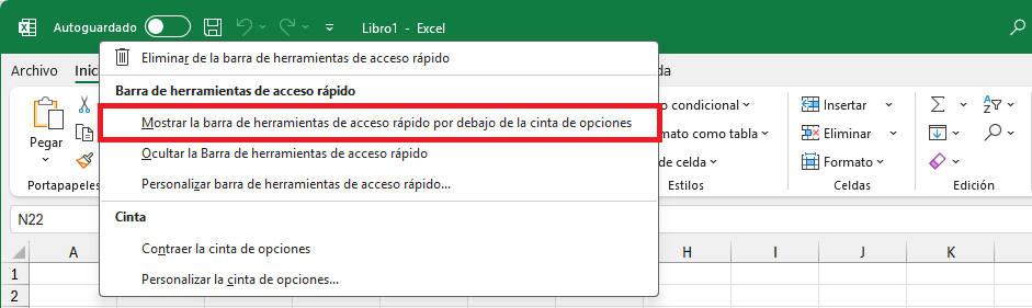 Mover la barra de herramientas de acceso rápido en Excel