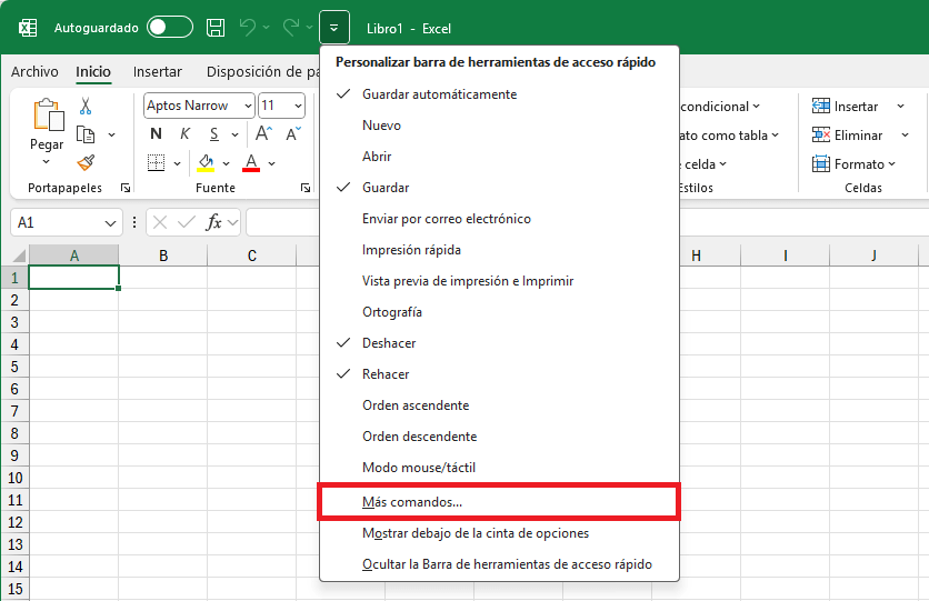 Acceder a la lista completa de comandos de Excel