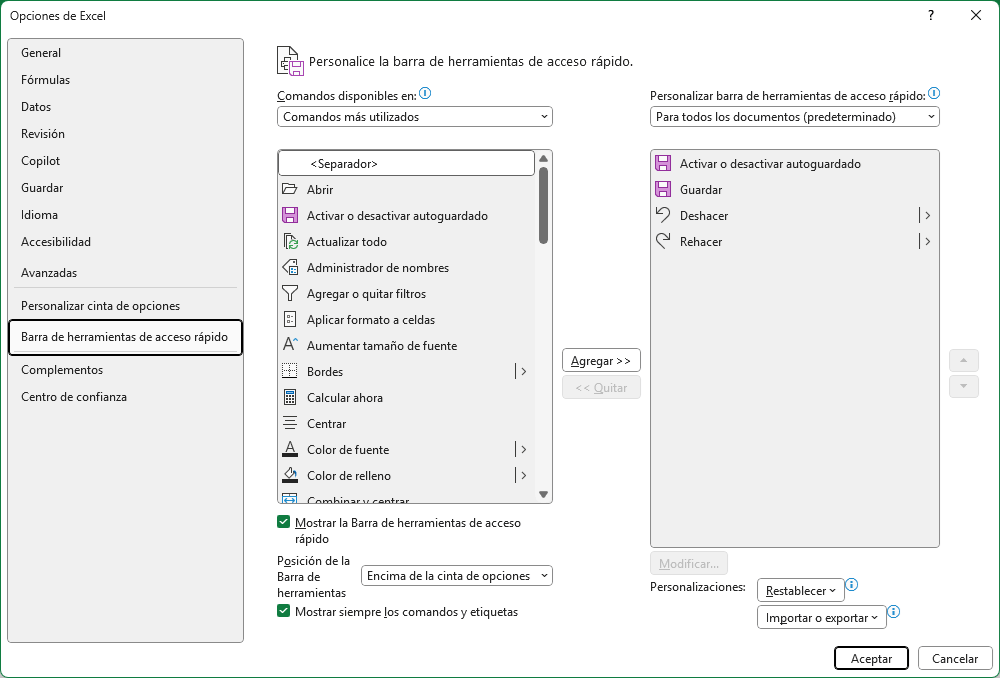 Cuadro de diálogo Opciones para personalizar la barra de herramientas en Excel