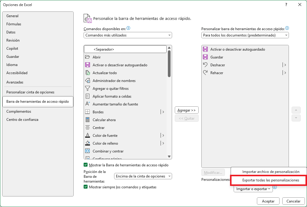 Exportar e importar las personalizaciones de la barra de herramientas en Excel