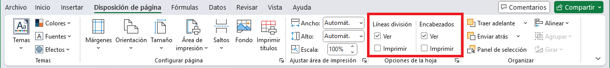 Casillas de verificación en la cinta de opciones de Excel