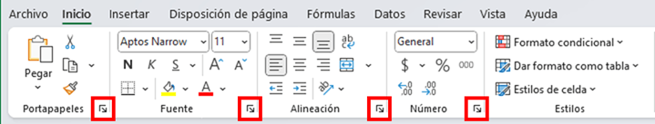 Indicador de cuadro de diálogo en la cinta de opciones de Excel