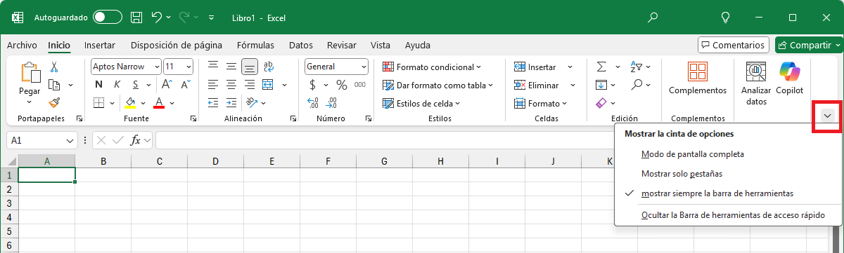 Cómo ocultar la cinta de opciones en Excel