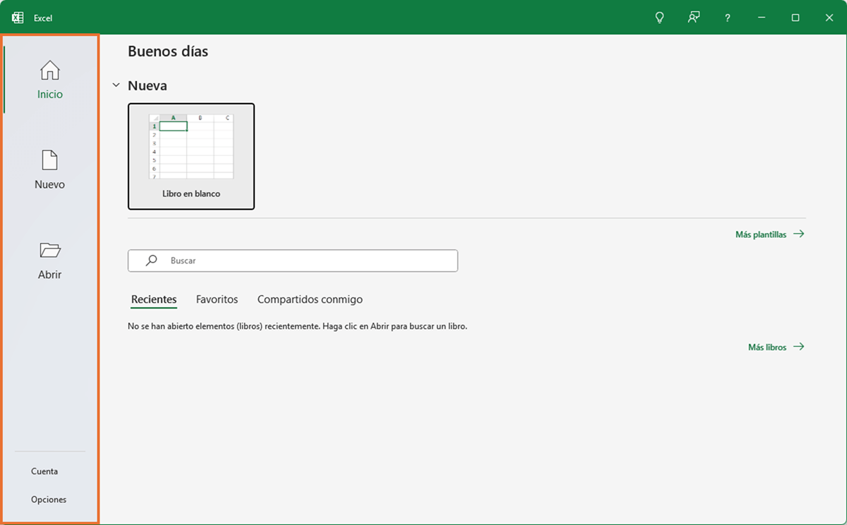 La pantalla Inicio en Excel