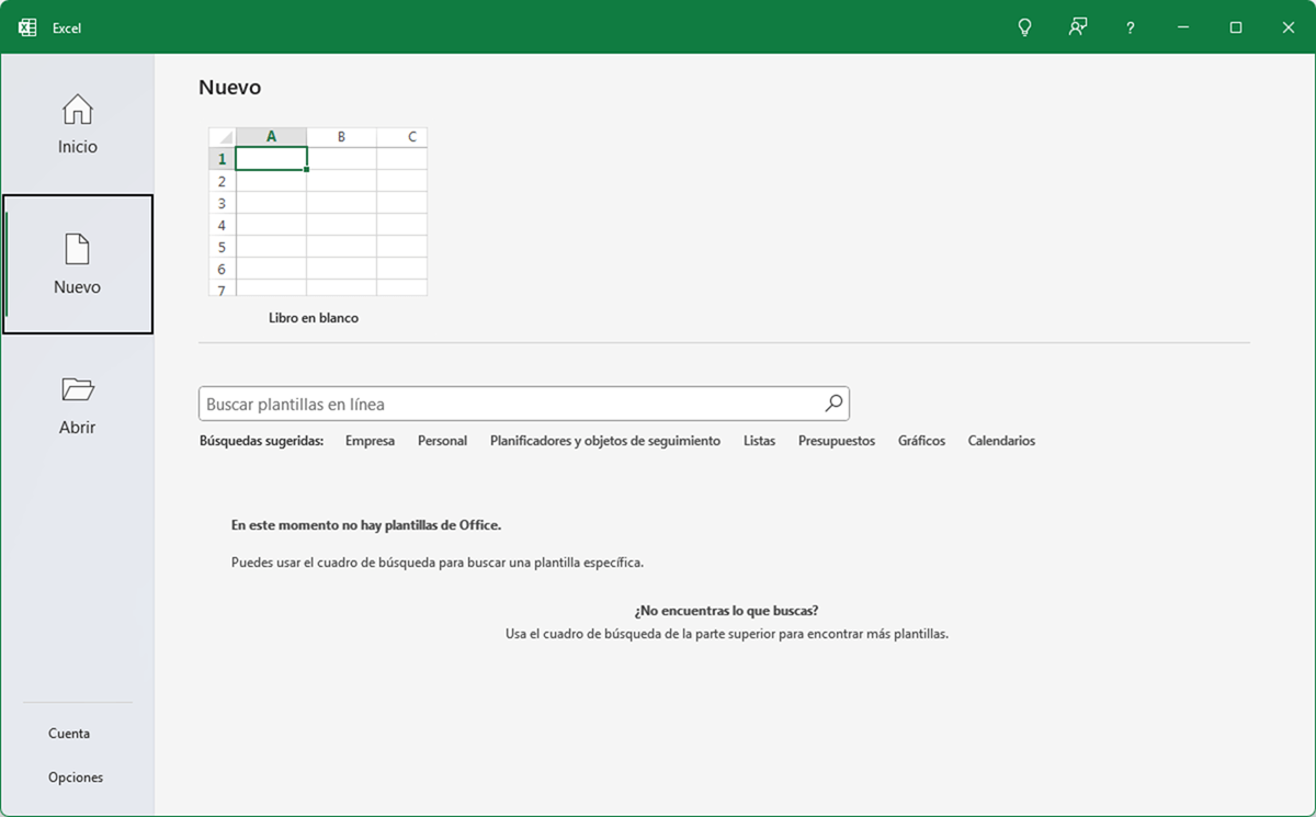El comando Nuevo en Excel