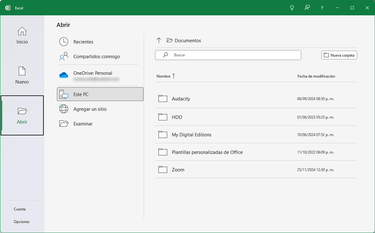 Abrir libros de Excel desde la carpeta Documentos