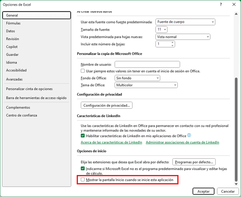 Ocultar la pantalla Inicio desde las Opciones de Excel