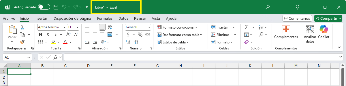 Nombre del libro en la barra de título de Excel