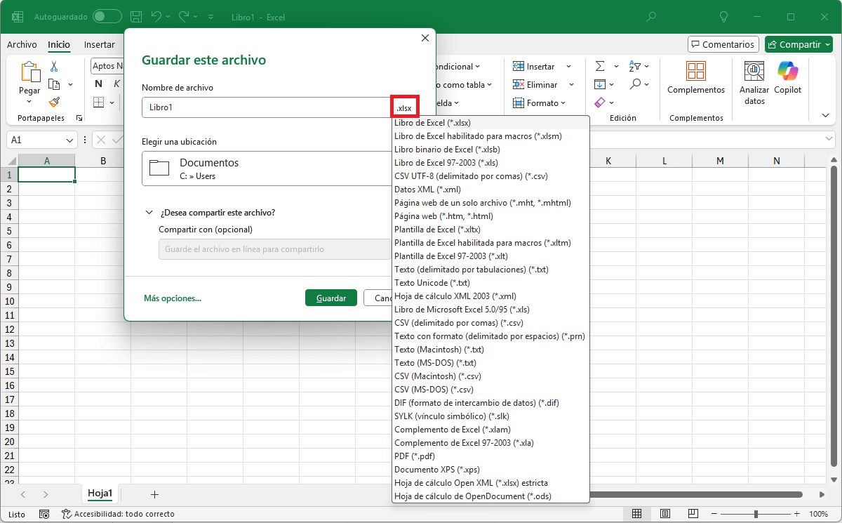 Lista de archivos y extensiones soportadas en Excel